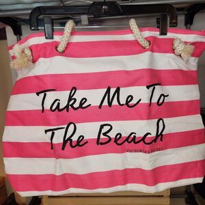 Victoria's Secret Canvas Tote Pink & White Stripes W/Rope Handles - NWT